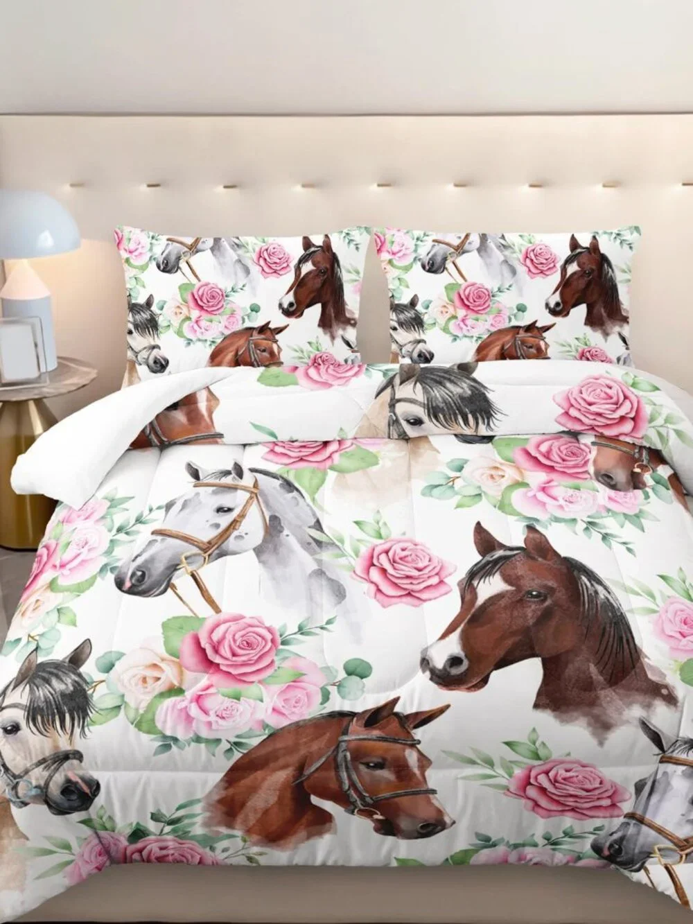 Horse and Flower Comforter Set for Girls Kids Horse and Floral 3 Piece Bedding S